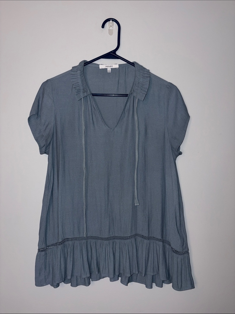 Soft Slate Blue Ruffle Hem Boho Blouse Small